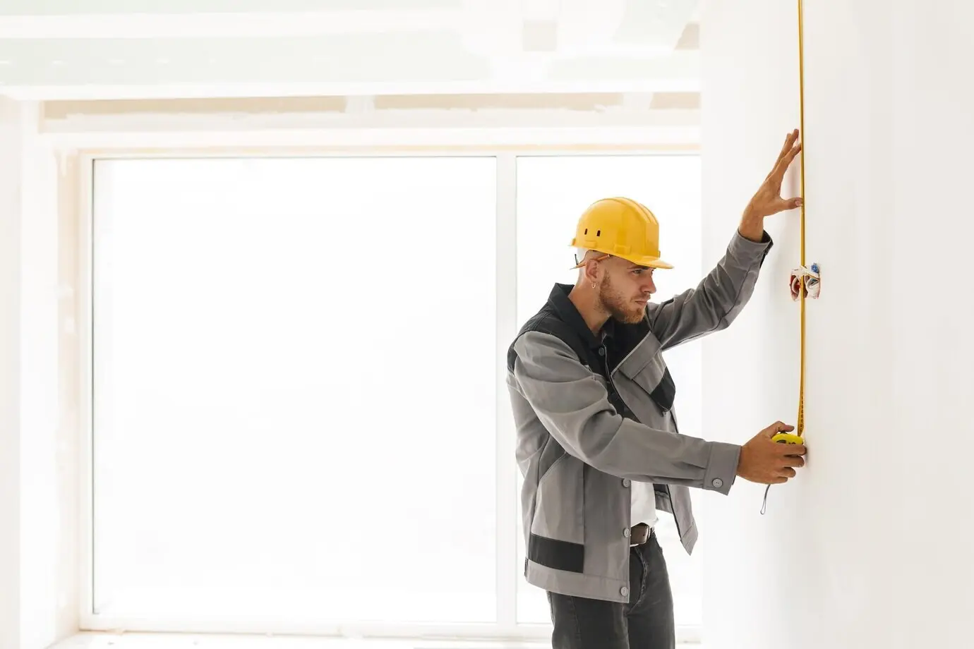 Young builder in work clothes and a yellow hard hat using a tape measure while repairing a flat, with a large window in the background.